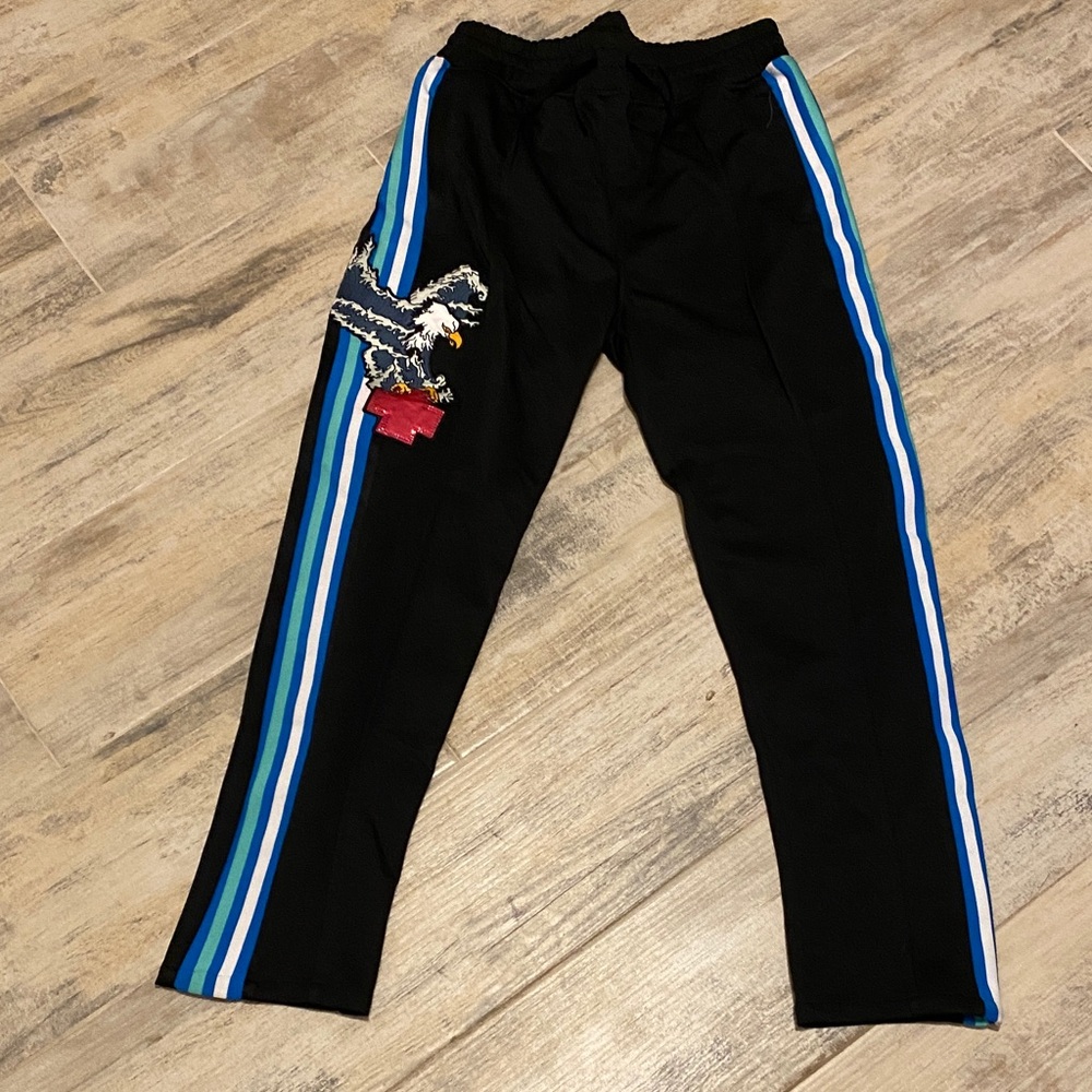 Pink Dolphin Black Track Pants with Blue Stripes